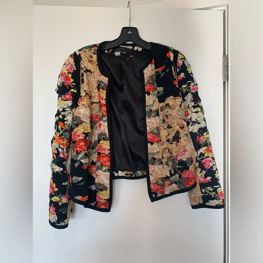 Zara Floral Patchwork Black Multicolor Blazer Jacket - Picture 5 of 9